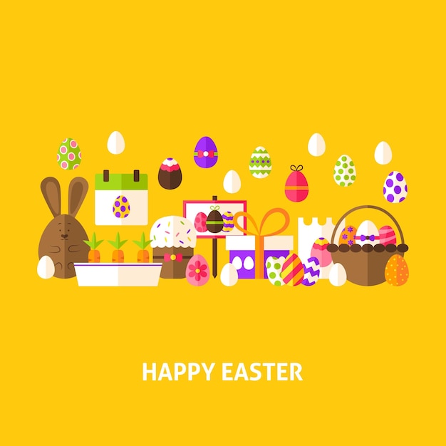 Happy Easter Greeting Card. Flat Design Vector Illustration. Spring Holiday Poster.