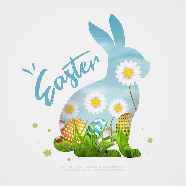 Happy Easter greeting card. Rabbit or bunny shape with colorful eggs, realistic flowers and sky inside.