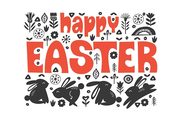 Happy Easter Greeting card vector illustration Black and white image with a bright greeting hand drawn inscription Rabbits and spring flowers Easter composition in folk style