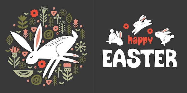 Happy Easter Greeting card vector illustration on a dark background White rabbits among the spring flowers Hare in a circular floral ornament Folk style