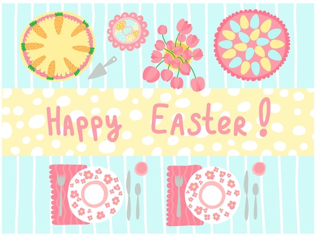 Happy Easter greeting card vector illustration Easter table top view