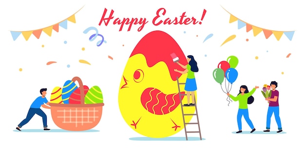 Happy Easter greeting card Vector illustration of tiny family people painting egg