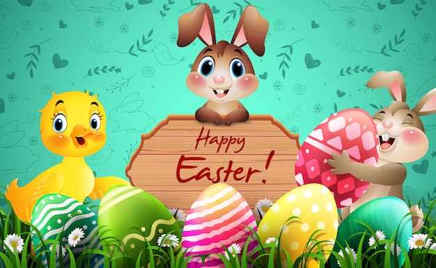 Happy Easter greeting card with bunnies, duck, colorful eggs, and a wooden sign