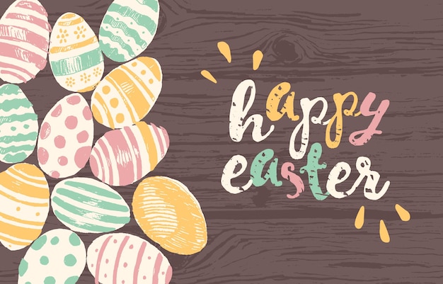 Happy Easter, greeting card with colorful easter eggs on wooden background, vector illustration