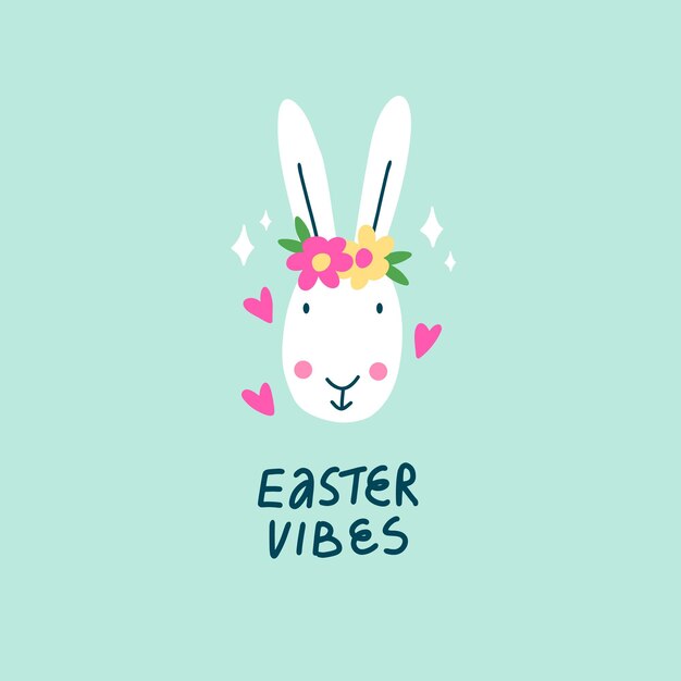 Vector happy easter greeting card with cute rabbit and flowers easter vibes sign