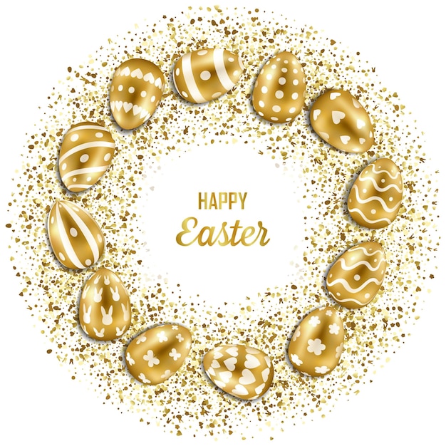 Happy Easter greeting card with gold eggs and glitter holliday postcard template with text place