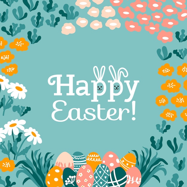 Happy Easter Greeting card with painted eggs flowers herbs grass