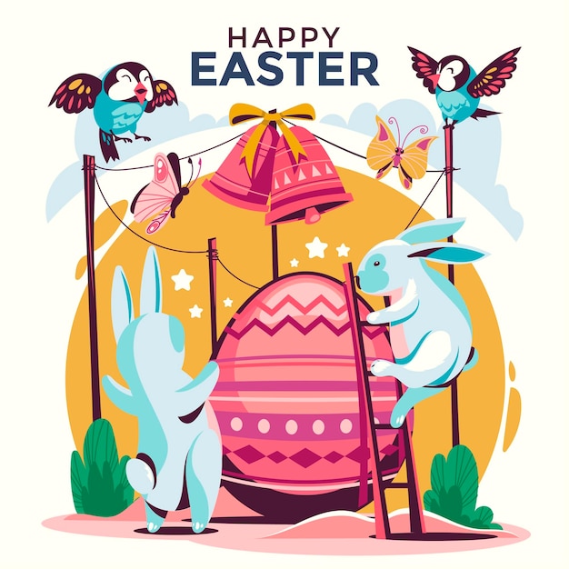 Happy Easter greeting Card with Rabbit and Eggs Background