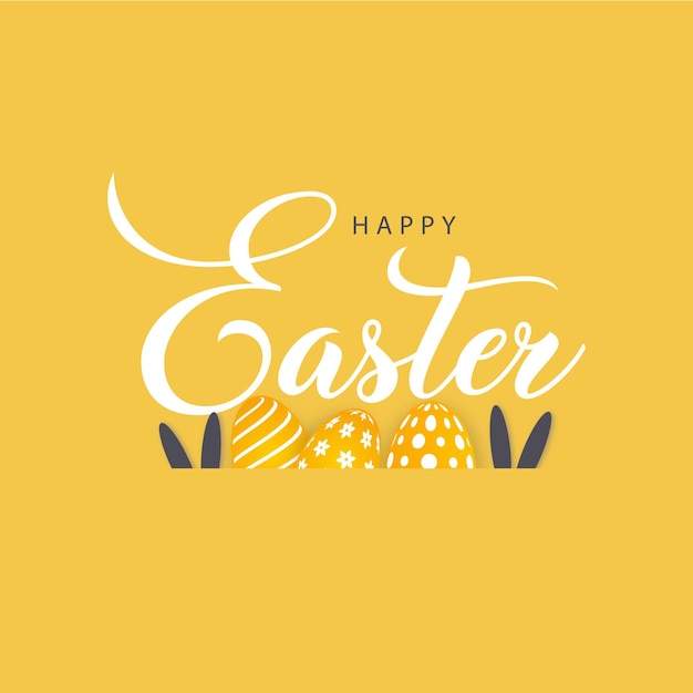 Happy Easter greeting card in yellow and eggs and bunny Easter celebration background