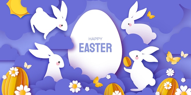 Happy Easter greetings card with Cute white rabbits in paper cut style Bunny flowers and butterfly