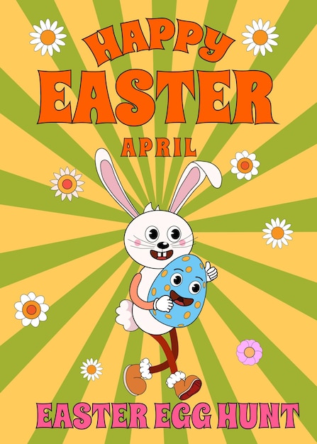 Happy Easter Groovy cartoon poster retro Funny bunny with egg Easter egg hunt