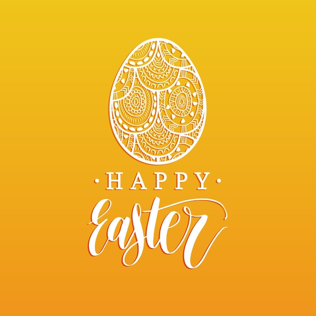 Happy Easter hand lettering greeting card with egg Religious holiday vector illustration on yellow background for poster flyer etc