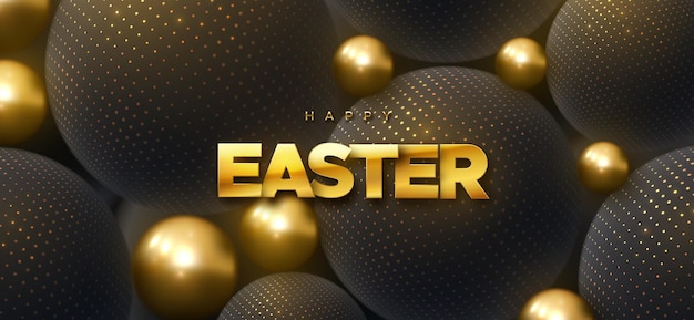 Happy Easter holiday banner with black and golden spheres