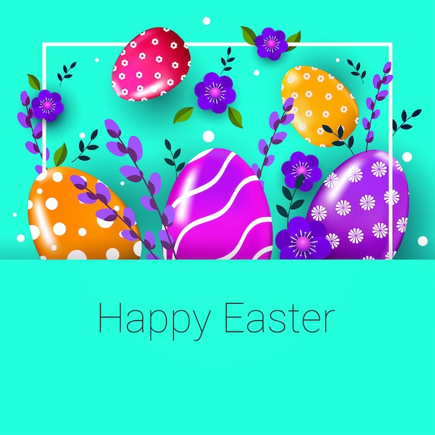 happy easter holiday celebration banner flyer or greeting card with decorative eggs and flowers illustration