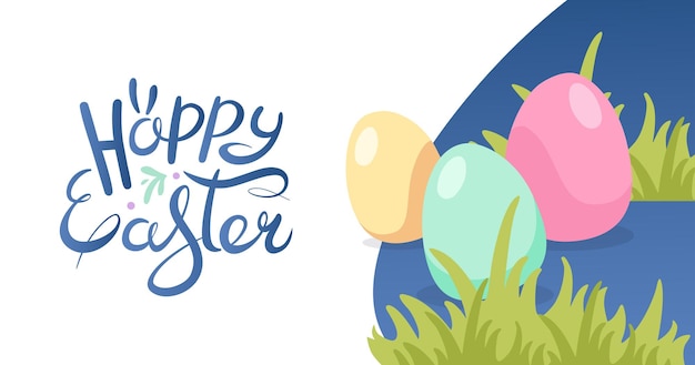 Happy Easter horizontal banner Colored Easter eggs on grass and hand drawn lettering