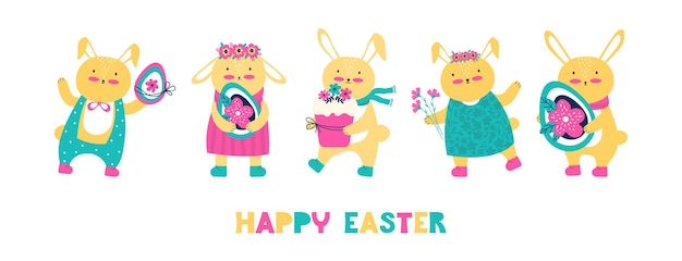 Happy Easter! Horizontal holiday banner with text. Cute bunnys and hares with Easter eggs, cake and a bouquet of flowers