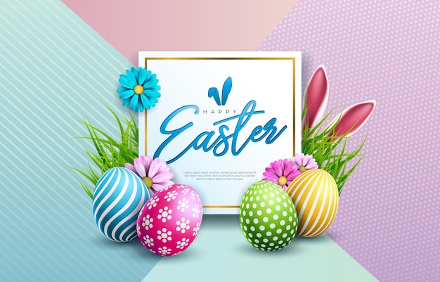 Happy Easter Illustration with Colorful Painted Egg Spring Flower and Rabbit Ears on Pastel Color