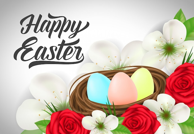 Happy Easter Inscription and Eggs in Nest