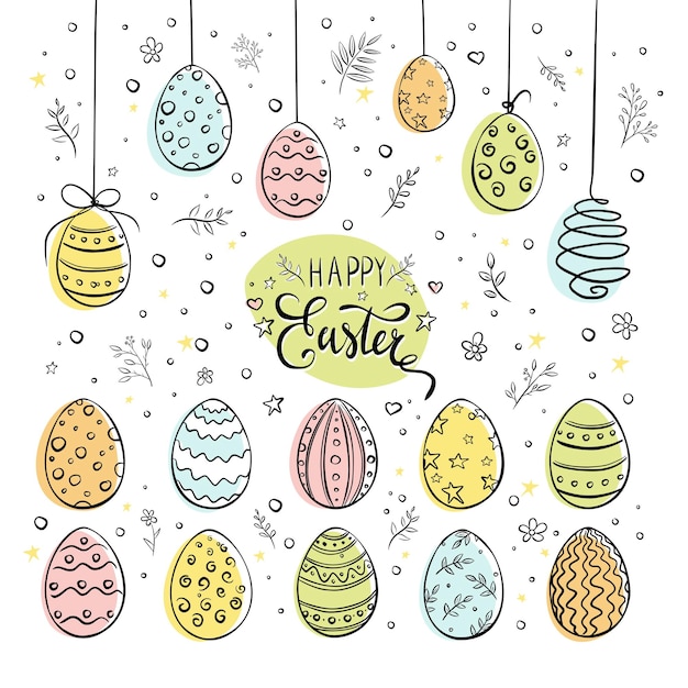 Happy Easter items Set Collection of Hand drawn Easter Eggs with decorative elements branches flowers stars and bubbles for sticker print greeting cards design and decoration Doodle style