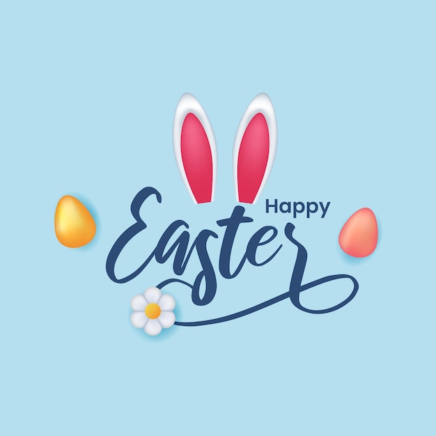 Happy easter lettering with bunny ear and egg flower concept for social media