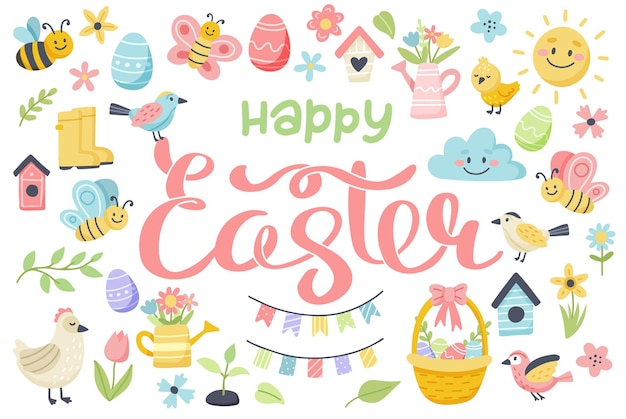 Happy easter lettering with cute eggs