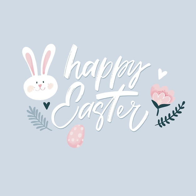 Happy Easter lettering with Easter bunny ears and egg