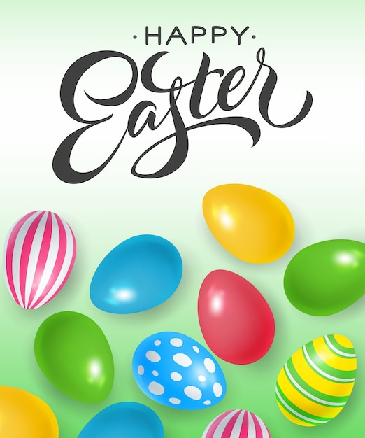 Happy Easter lettering with ornate eggs on green background. 