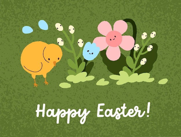 Happy Easter postcard design Cute funny baby chicken and fairytale fantasy flowers on green grass background spring religious traditional holiday card Kids childish flat vector illustration