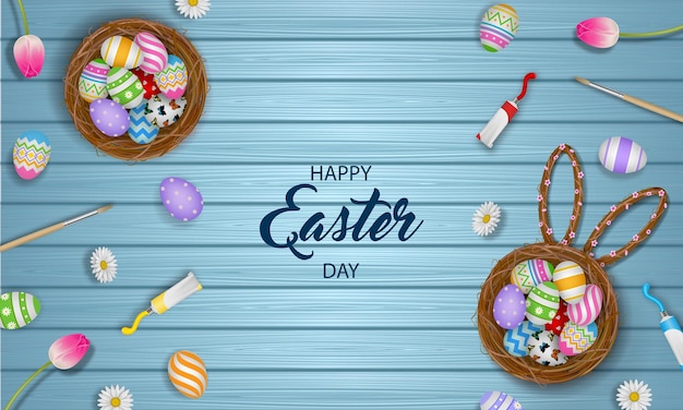 Happy easter poster with colorful eggs flowers and tempera tubes on wooden background