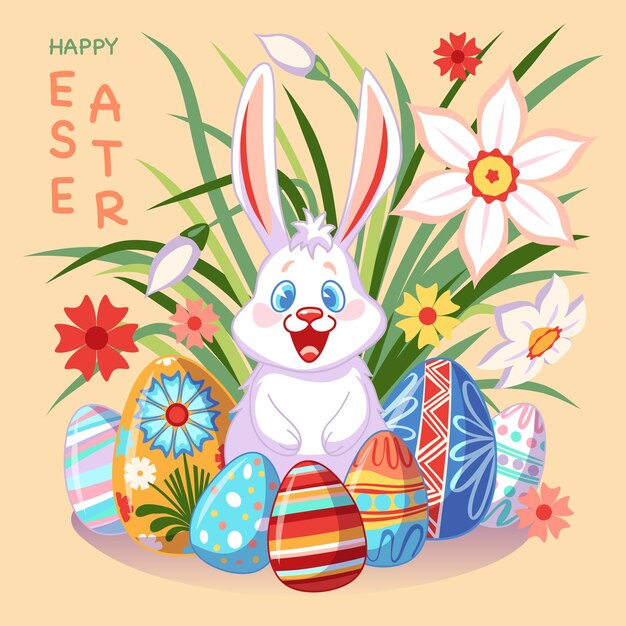 Happy easter poster with easter bunny flowers and eggs with traditional floral pattern