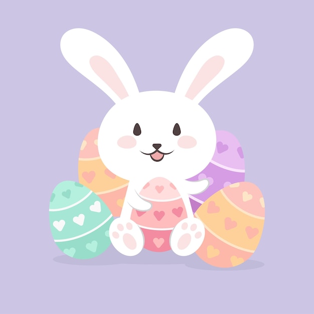 Happy easter rabbit holding painted heart shape pattern eggs illustration