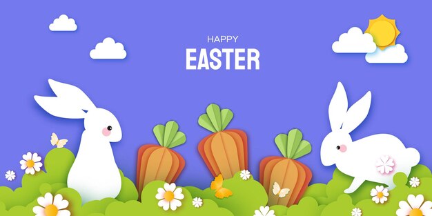 Happy Easter Rabbit with carrot Cute white rabbits in paper cut style Bunny flowers and butterfly