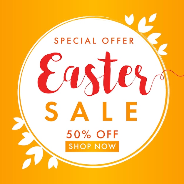 Happy Easter sale banner. Handwritten style lettering, creative background, price label.