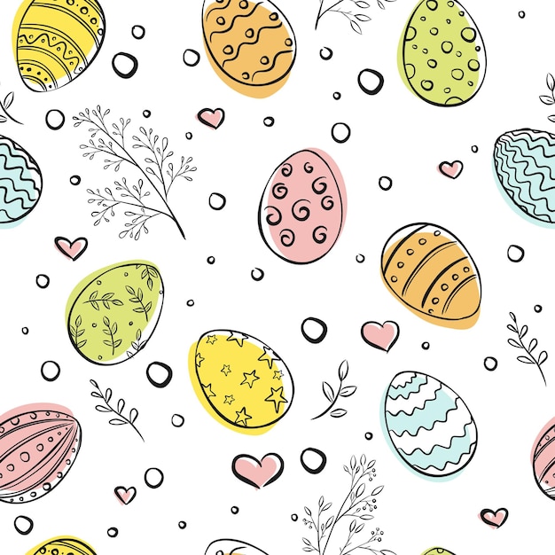 Happy Easter seamless pattern. Easter eggs ornament with floral decorative elements background for wrapping paper, wallpaper, texture, fabric, greeting cards design and decoration. Doodle style