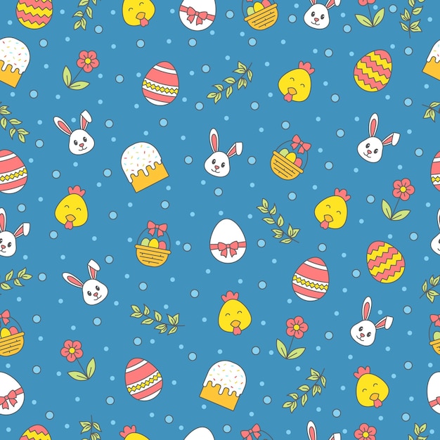 Happy Easter seamless pattern with bunny, cake, egg, flower, branch, chicken on blue background. Greeting, gift wrapping paper and wallpaper  .