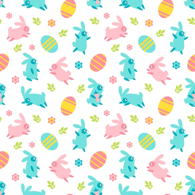 Happy Easter seamless pattern with different poses bunny, leaves, flower, isolated on white background. Vector flat illustration. Design for textile, wrapping, wallpaper, backdrop