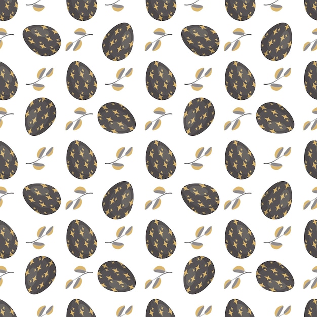 Happy Easter seamless pattern with eggs Print of the Christian Spring Holiday Festive decoration drawn in black and gold colour with abstract elements on white background Vector flat illustration