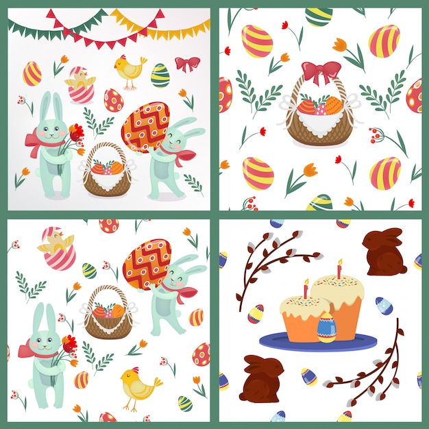 Happy Easter Set of Backgrounds and Elements - Rabbits, Eggs, Chicks, Flowers and Garlands