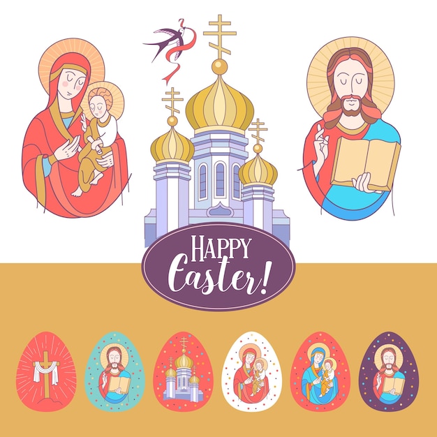 Happy Easter Set of colored Easter eggs with the image of Jesus virgin Mary and Christ child