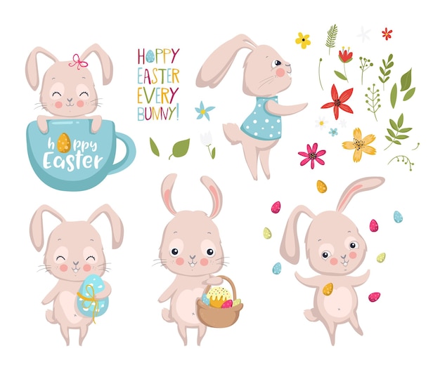 Happy Easter Set of cute bunnies Elements for greeting invitation card Vector illustration EPS10