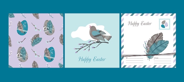 HAPPY EASTER Set : greeting card and seamless pattern. Willows, easter eggs, singing bird, feathers.