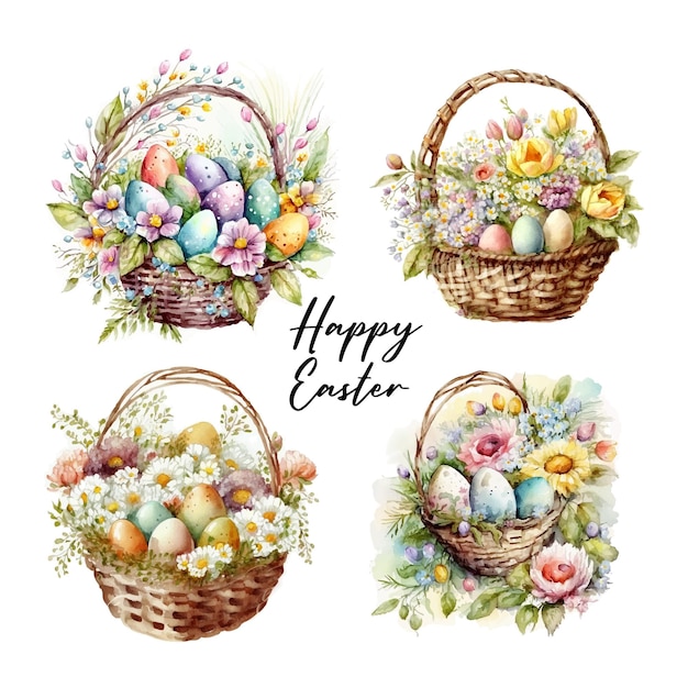 Happy easter set vector cute classic illustrations of easter eggs in a basket of flowers chick