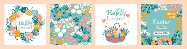 Happy Easter Set with greeting cards with text Seamless pattern Easter Sale