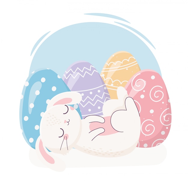 Happy easter sleeping rabbit with eggs decoration celebration