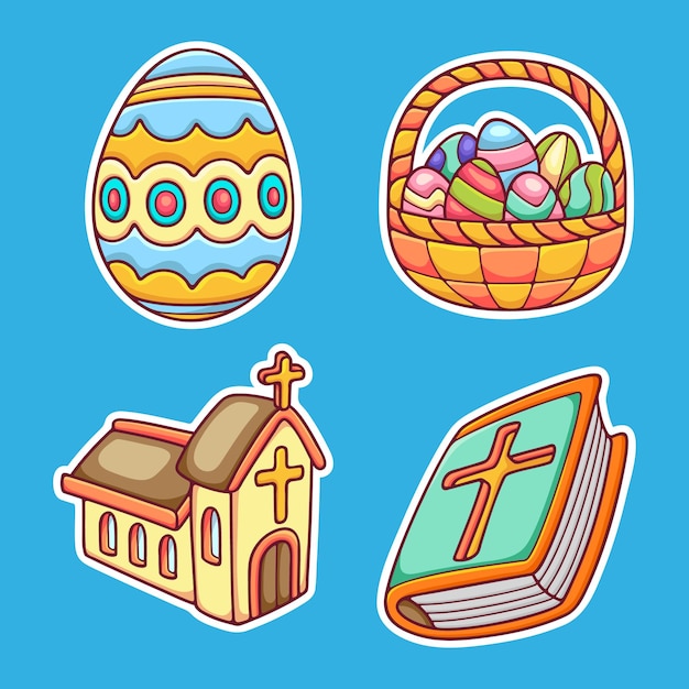 Happy Easter Sticker Icons Hand Drawn Coloring Vector