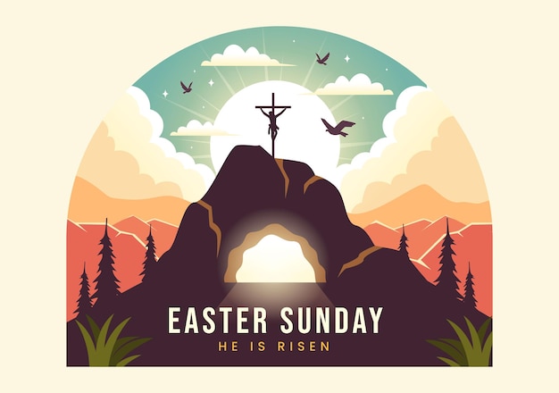 Vector happy easter sunday illustration of he is risen and celebration of resurrection with cave and cross