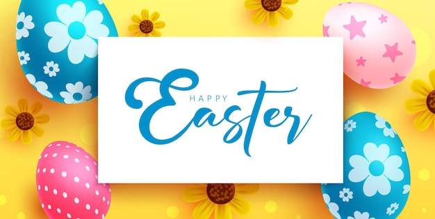 Happy easter text vector template design. Easter typography in empty white space for kids party egg.