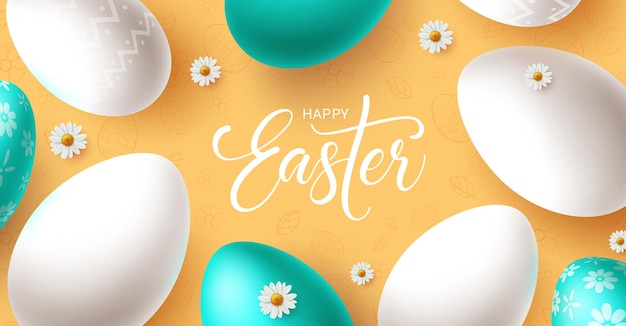 Happy easter text vector template Happy easter greeting card with white and green eggs decoration