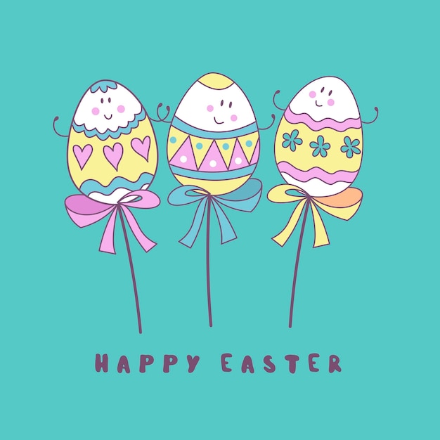 Happy Easter Three cheerful dyed Easter eggs on a stick Cute vector holiday illustration in cartoon style Greeting card