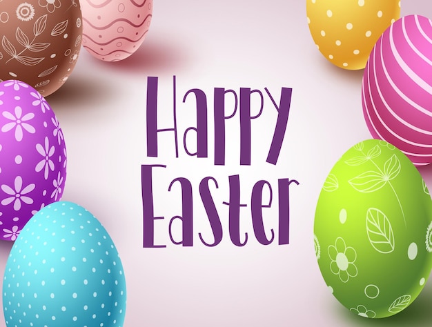 Happy easter vector banner design with colorful eggs elements and greeting text in white background